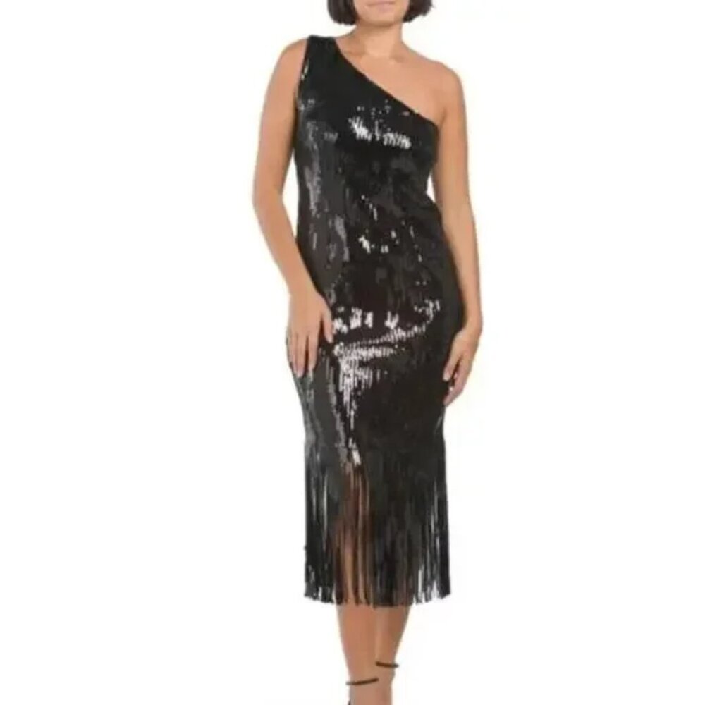 NWT $198 Stunning! NANETTE LEPORE Black Sequin One Shoulder Fringe DRESS 14